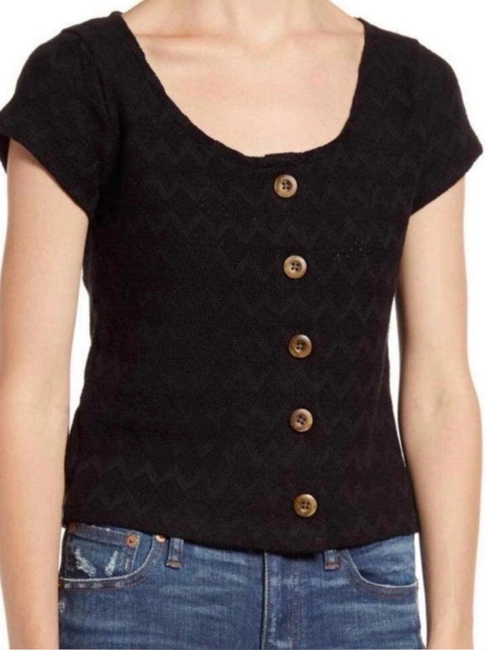 Madewell Black Textured Cotton Knit Pointelle Button Front Short Sleeve Shirt‎